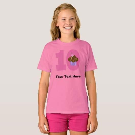 Gepersonaliseerde meisjes 10e verjaardag Cupcake T-shirt (Voorkant volledig)