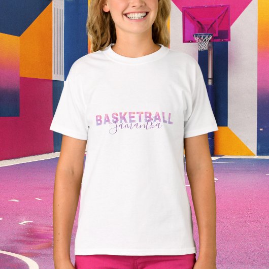 Gepersonaliseerde meisjes basketbal moderne roze l t-shirt