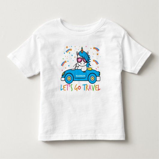Gepersonaliseerde Meisjes Blauwe Auto Eenhoorn Rei Kinder Shirts (Voorkant)