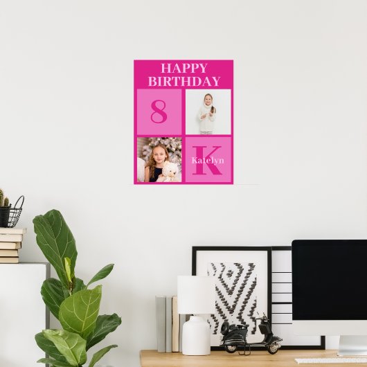 Gepersonaliseerde Meisjes Foto Hot Pink Verjaardag Poster (Thuiskantoor)
