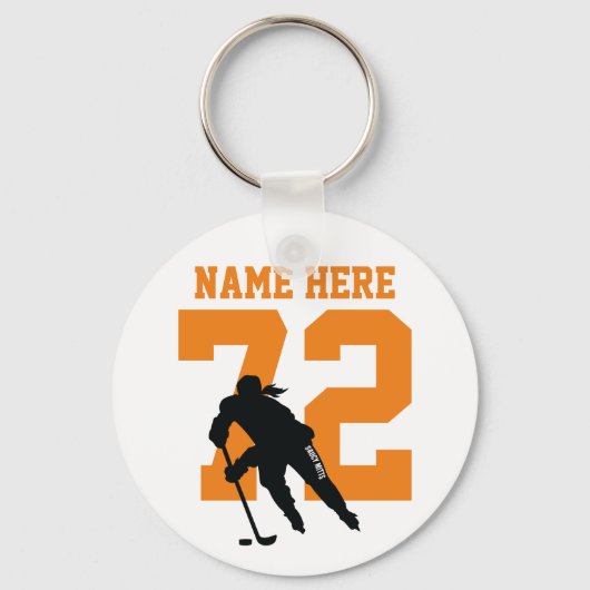 Gepersonaliseerde meisjes Hockey Name Number Oranj Sleutelhanger (Voorkant)