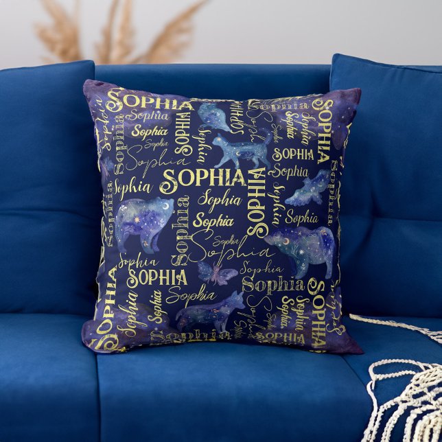 Gepersonaliseerde meisjes noemen celestiaire diere kussen (Personalized girls name celestial animals collage throw pillow)
