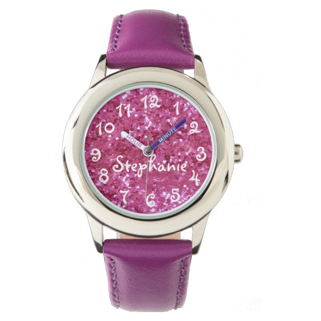 Gepersonaliseerde Meisjes Roze Glitter-Look Horloge (Voorkant)