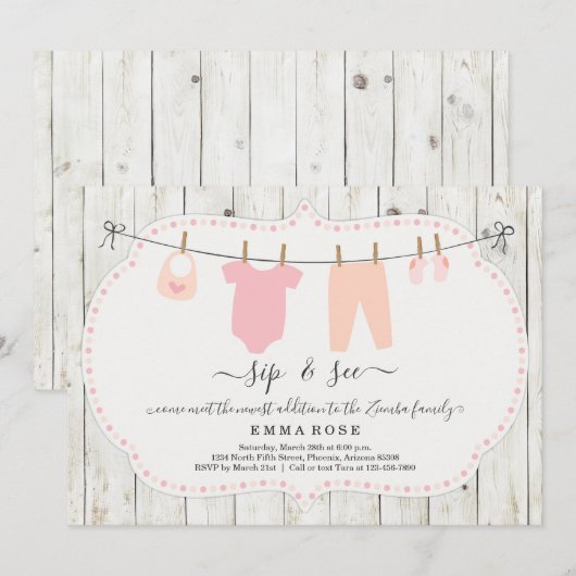 Gepersonaliseerde meisjes Sip en Zie Uitnodiging - (Voorkant / Achterkant)