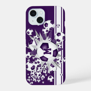 gepersonaliseerde meisjes voetbal explosie paars iPhone 15 case