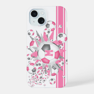 gepersonaliseerde meisjes voetbal knal roze grijs iPhone 15 case