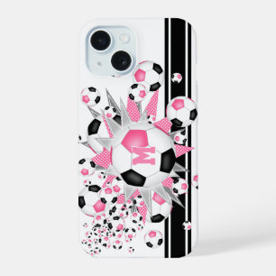 gepersonaliseerde meisjes voetbal knalroze zwart iPhone 15 case