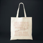 Gepersonaliseerde meisjes Weekend Trip Blush Pink Tote Bag<br><div class="desc">De gepersonaliseerde Canvas tas van de Aangepast van het Weekend van Meisjes met editable trendy blush roze en terracotta koper kleurde tekst en de tekst voor uw datum, bestemming of plaats, naam, en het leuke citaat zoals "besties, knopen, en dranken" maakt een leuke en nuttige keepname voor uw reisteam of...</div>