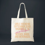 Gepersonaliseerde meisjes Weekend Trip Roze Oranje Tote Bag<br><div class="desc">Aangepaste Canvas tas voor BrightStor Hot Pink en Oranje Girls Weekend Trip Custom met bewerkbare tekst en tekst voor uw datum,  bestemming of locatie,  naam en leuke quote zoals "besties,  knoppen en dranken" maakt een leuk en handig doel voor uw reisteam of bruidsschat.</div>