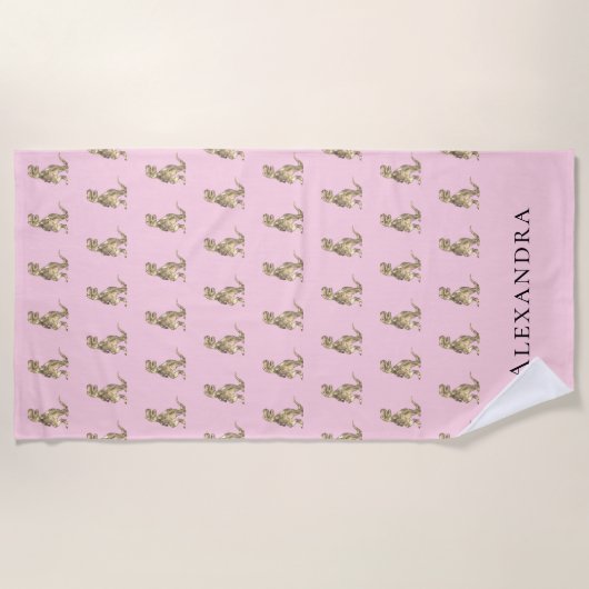Gepersonaliseerde meisjesnaam dinosaurus strandlaken (Voorkant)