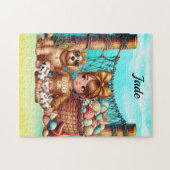 Gepersonaliseerde meisjesnaam zittend met haar pup legpuzzel (Horizontaal)