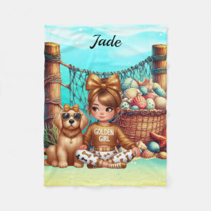 Gepersonaliseerde meisjesnaam zittend met haar sch fleece deken