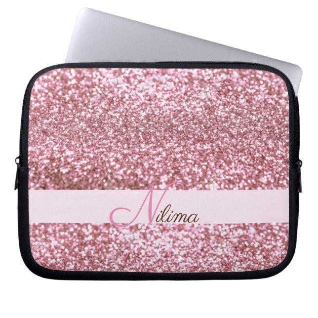 Gepersonaliseerde meisjesroze Faux Glitter Sparkle Laptop Sleeve (Voorkant)