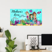 Gepersonaliseerde Mermaid en Zee Schepingsvrienden Poster (Thuiskantoor)