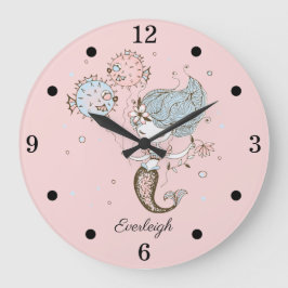 Gepersonaliseerde Mermaid Girl's Nursery Pink Grote Klok