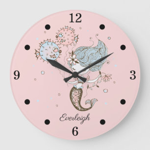 Gepersonaliseerde Mermaid Girl's Nursery Pink Grote Klok
