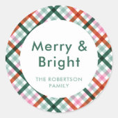 Gepersonaliseerde Merry Bright Plaid Kerstmis Ronde Sticker (Voorkant)