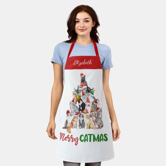 Gepersonaliseerde Merry Catmus Funny Cat Kerstmis Schort (Gedragen)