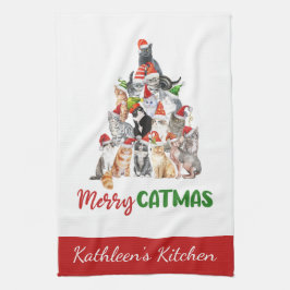 Gepersonaliseerde Merry Catmus Funny Cat Kerstmis Theedoek
