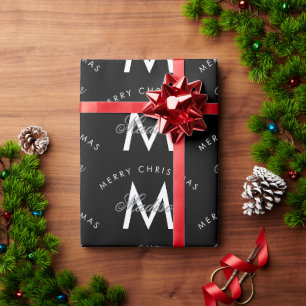 Gepersonaliseerde Merry Christmas Black Monogram Cadeaupapier