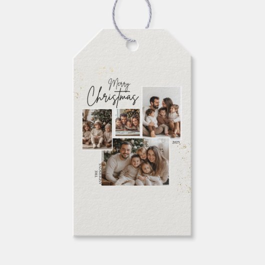 Gepersonaliseerde Merry Christmas Four-Photo Colla Cadeaulabel (Voorkant)