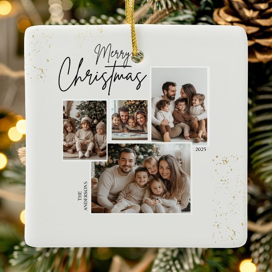 Gepersonaliseerde Merry Christmas Four-Photo Colla Keramisch Ornament