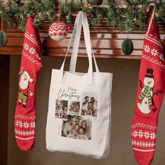 Gepersonaliseerde Merry Christmas Four-Photo Colla Tote Bag