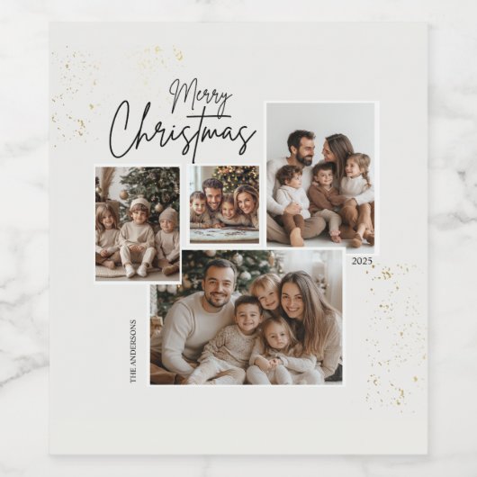 Gepersonaliseerde Merry Christmas Four-Photo Colla Wijn Etiket (Enkel label)