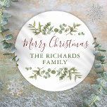 Gepersonaliseerde Merry Christmas Greenery Familie Ronde Sticker<br><div class="desc">Waterverf groen lijsten elegant script Merry Christmas typografie op deze elegante vakantie stickers. Personaliseer met je familienaam. Ontworpen door Thisnotme©</div>