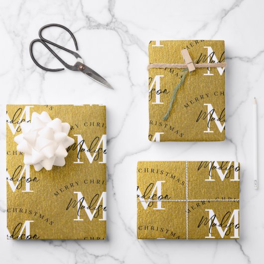 Gepersonaliseerde Merry Christmas Luxury Gold Mono Inpakpapier Vel (Voorkant)