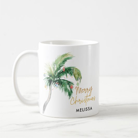 Gepersonaliseerde Merry Christmas Palm Tree Feestd Koffiemok (Links)