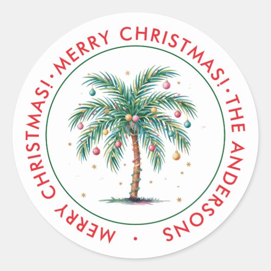 Gepersonaliseerde Merry Christmas Palm Tree Light Ronde Sticker (Voorkant)
