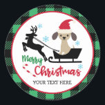 Gepersonaliseerde Merry Christmas Puppy Santa Slei Ronde Sticker<br><div class="desc">Kerst stickers. Aangepaste Stickers Voeg uw eigen douanenaam,  monogram,  citaat of gezegde toe. U kunt de achtergrondkleur wijzigen.</div>