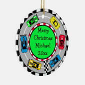 Gepersonaliseerde Merry Christmas Race Car thema Keramisch Ornament (Rechts)