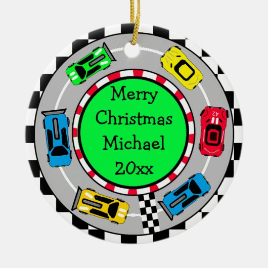 Gepersonaliseerde Merry Christmas Race Car thema Keramisch Ornament (Voorkant)
