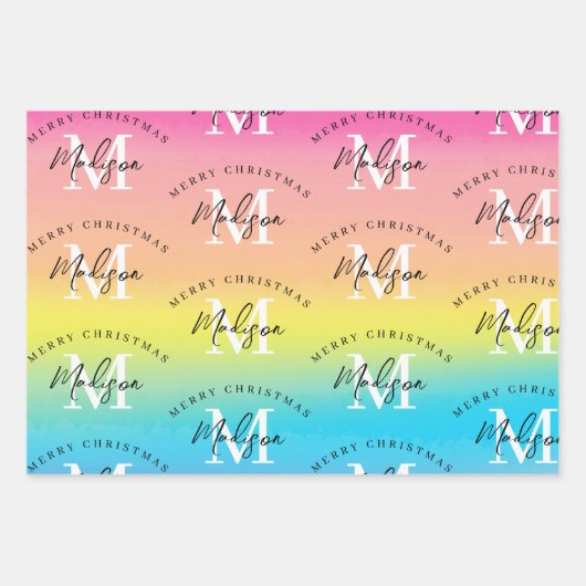 Gepersonaliseerde Merry Christmas Rainbow Monogram Inpakpapier Vel (Voorkant 3)