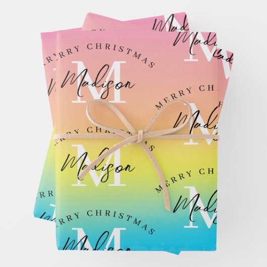 Gepersonaliseerde Merry Christmas Rainbow Monogram Inpakpapier Vel (In situ)