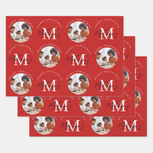 Gepersonaliseerde Merry Christmas Red Monogram Fot Inpakpapier Vel