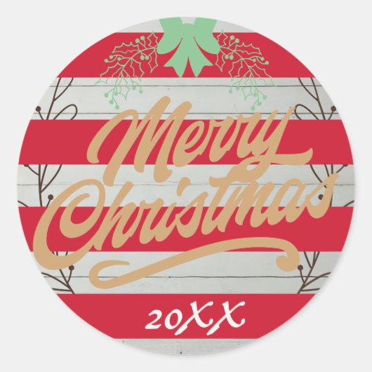 Gepersonaliseerde Merry Christmas Red Stripes Ronde Sticker (Voorkant)