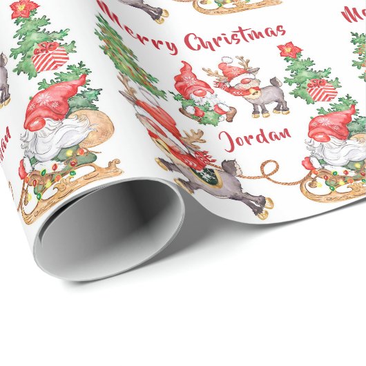 Gepersonaliseerde Merry Christmas Schattigee Gnome Cadeaupapier (Rol Hoek)