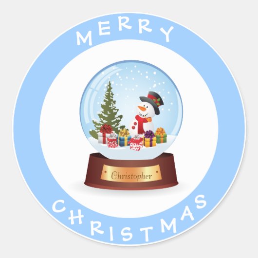 Gepersonaliseerde Merry Christmas Snowglobe Ronde Sticker (Voorkant)