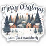 Gepersonaliseerde Merry Christmas Village Sticker<br><div class="desc">Voeg een gepersonaliseerde touch toe aan uw geschenken of vakantiekaarten met deze Merry Christmas die cut sticker. In het centrum ligt een dorp omgeven door sneeuw en sprankelende sterren. Boven staan de woorden "Vrolijk kerstfeest" en onder is ruimte voor een naam. U kunt de tekst naar behoefte wijzigen.</div>