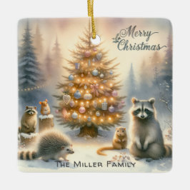 Gepersonaliseerde Merry Christmas Woodland Animals Keramisch Ornament