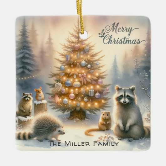 Gepersonaliseerde Merry Christmas Woodland Animals Keramisch Ornament (Voorkant)