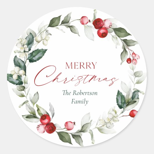 Gepersonaliseerde Merry Christmas Wreath Gift Stic Ronde Sticker (Voorkant)