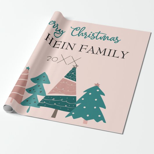 Gepersonaliseerde Merry-kerstroze bomen Cadeaupapier (Uitgerold)
