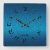 Gepersonaliseerde Metallic blauwe romeinse cijfers Vierkante Klok (Voorkant)