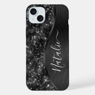 Gepersonaliseerde Metallic Zwarte Glitters iPhone 15 Plus Case