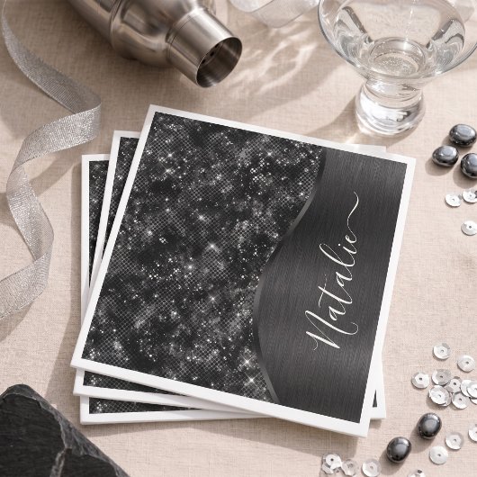 Gepersonaliseerde Metallic Zwarte Glitters Servet