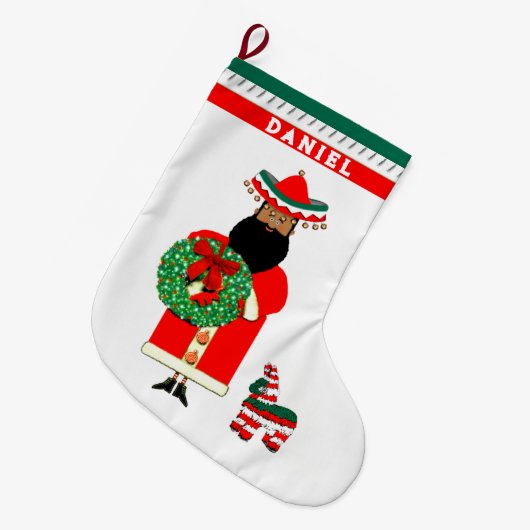 Gepersonaliseerde Mexicaanse Kerstman Grote Kerstsok (Voorkant (Hangend))